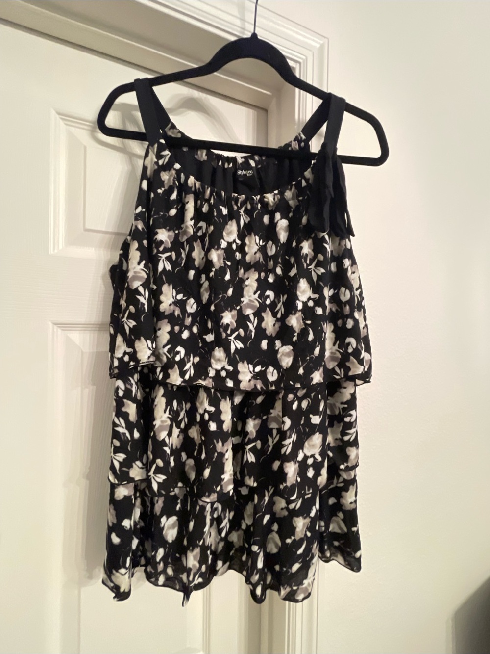 Style & Co. Black and White Floral Tiered Camisole with Tie Straps